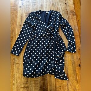 LINI Navy blue and White Polka Dot faux Wrap mini dress Small NWOT